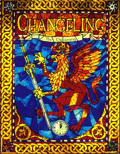 Changeling: the Dreaming cover art. A heraldic griffin holds a sword, rendered in stained glass.