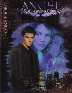 Cover of the Angel RPG. Main characters of the TV show gaze out broodingly from an LA cityscape.