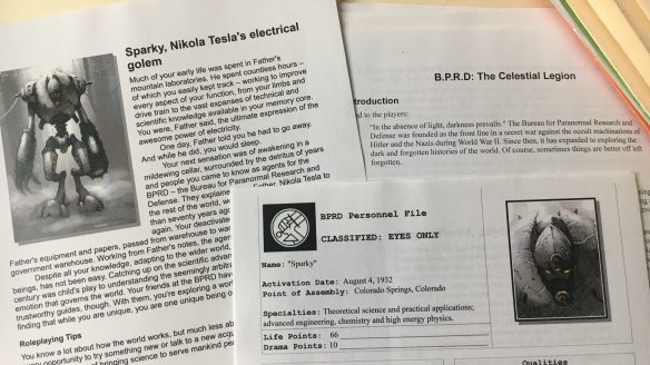 Printouts of the character sheet and biography for Sparky, Nikola Tesla's electrical golem.